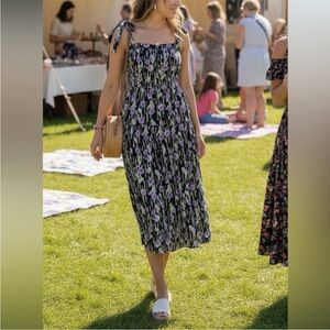 Moon River Black Midi Dress with Lavender Floral Print